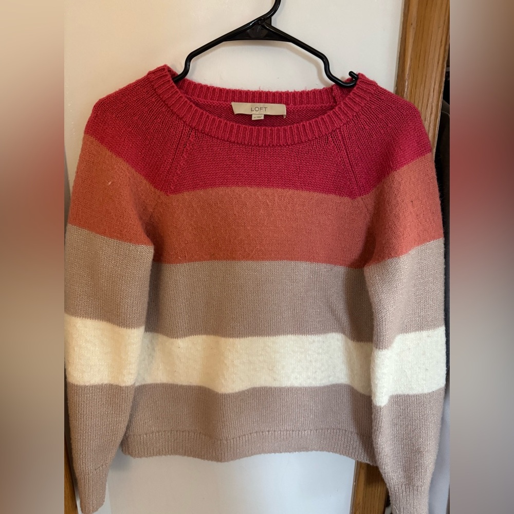 Pink, coral, tan and white sweater.